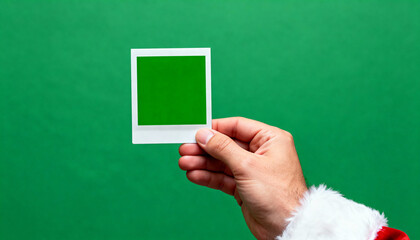 Santa Claus hand holding blank instant photo frame on green background. festive shot centered on Christmas concept for mockups