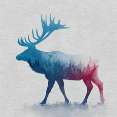 Watercolor silhouette of majestic reindeer with large antlers, blending blue and red hues with forest scene inside, evoking serene and mystical atmosphere