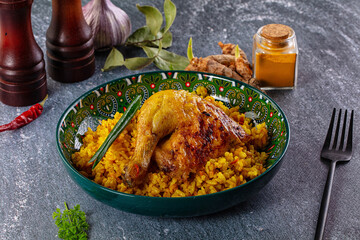 Roasted chicken leg with yellow rice