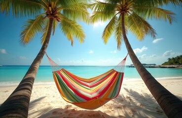 Naklejka premium Colorful hammock strung between two palm trees on a white sandy beach. Turquoise ocean water glistens under a bright sunny sky. Perfect spot for summer vacation relaxation and unwinding.
