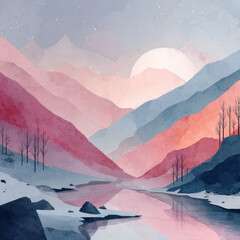 Soft pastel mountain landscape with calm river reflecting colorful hills and bare trees under serene sky with large sun, evoking peaceful and dreamy emotions