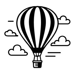 Classic black and white hot air balloon vector icon, featuring distinctive stripes and a simple basket, soaring amidst stylized clouds. This minimalist illustration symbolizes adventure, freedom, and