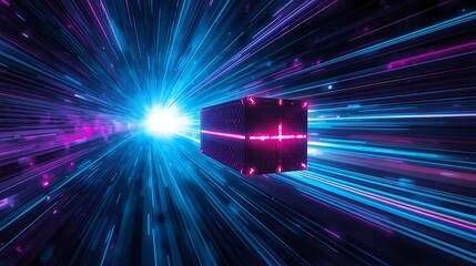 Digital cube accelerating through a vibrant neon light tunnel