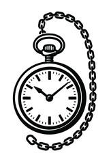 Elegant Black and White Vector Illustration of a Classic Vintage Pocket Watch with Ornate Chain, a Timeless Symbol of Traditional Horology and Antique Charm, Perfect for Retro-Themed Designs, Graphics