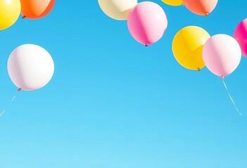 Pastel rainbow colored balloons floating against a bright blue sky, card, fun