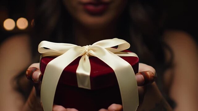 Heartfelt giving hands carefully present a beautiful red gift box adorned with a cream ribbon, symbolizing joy, affection, and celebration