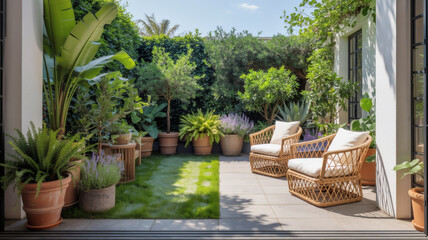 Elegant garden patio with wicker furniture, lush greenery, and terracotta potted plants