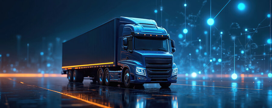 Modern blue truck with cargo container moves on wet road with digital network. Fast transport logistics with global supply chain connections and data flow.