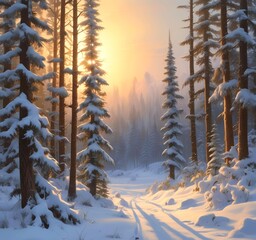 Obraz premium Winter landscape with sunrise