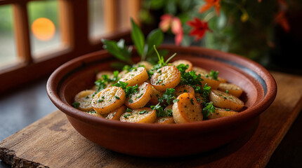 Rodajas de patata doradas con perejil en cuenco de barro junto a una ventana