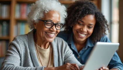 Senior woman learns digital skills with younger instructor in technology class. Share joyful moment exploring new tablet features promoting inclusivity, intergenerational learning. Image represents