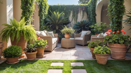 Elegant garden patio with wicker furniture, lush greenery, and terracotta potted plants