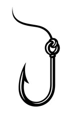 A clear black and white vector illustration of a sharp fishing hook, carefully tied with a fishing line, symbolizing essential angling equipment, sport fishing gear, and outdoor recreational tackle. I
