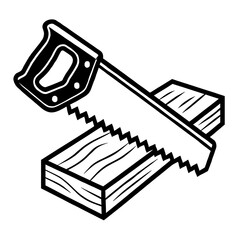 Black and white illustration of a classic hand saw cutting through a piece of wood plank, depicting traditional carpentry work, woodworking, DIY projects, construction, craftsmanship, and essential ma