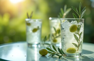 Three glasses of homemade summer cocktail on metal table. Drinks made with hard seltzer, green olives, olive tree branches. Fresh summer background with sunlight. Elegant cold beverages for