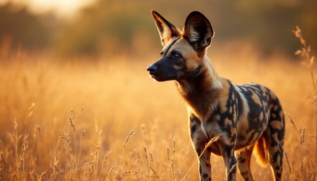 African wild dog stands alert in tall dry grass during sunrise or sunset light. This carnivore mammal hunts in the savanna habitat of Africa. The canine has distinctive spotted coat pattern. - Powered by Adobe