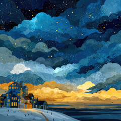 Night sky with watercolor clouds and stars above small village on snowy hill, creating peaceful and magical winter evening atmosphere