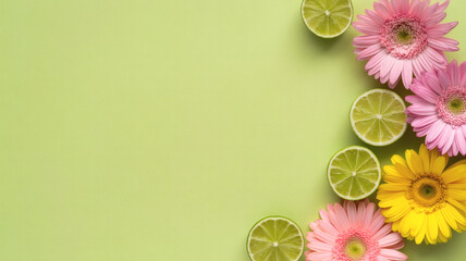 Fresh lime slices and pink flowers on light green background with copy space
