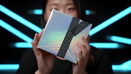 Person holding a new unopened product in shiny packaging against a backdrop of neon blue light streaks