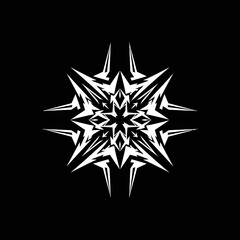 Obraz premium Intricate white symmetrical starburst design with sharp spiky elements on a black background, resembling a complex snowflake or abstract emblem.