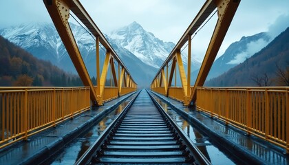 Yellow train bridge crosses wet tracks over mountain valley. Autumn forest slopes, snow capped peaks under cloudy sky. Rail journey begins toward distant horizon.