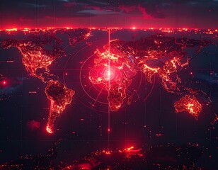 Global map with glowing cities and a central red radar effect overlaying the continents at night