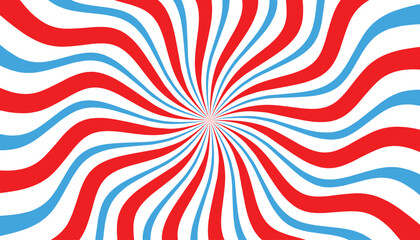 a vibrant abstract spiral pattern featuring red,blue, and white wavy stripes creating an optical illusion effect