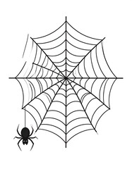 Black spider hangs on a web in this Halloween illustration.