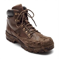 Rugged brown leather boot covered in thick mud, showcasing a tough, outdoor adventure.