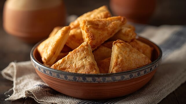 Golden baked triangular pastries filled with cheese in a rustic bowl