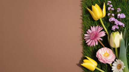 Spring Tulips on Grass with Copy Space on Beige Background