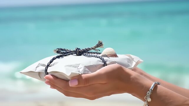 A special present wrapped in paper and tied with a string bow held in hands against a beautiful tropical sea background