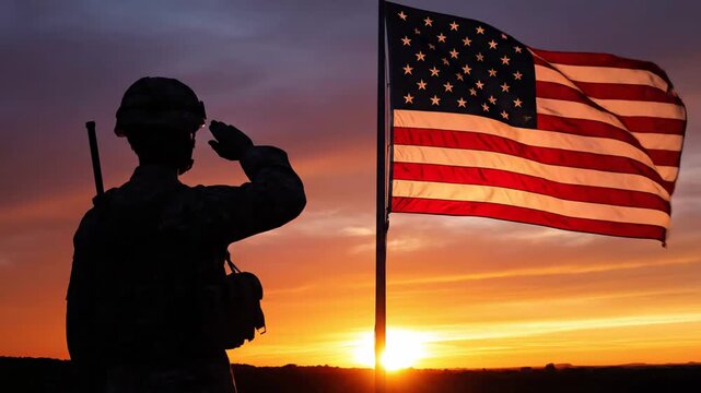 Military tribute imagery, uniformed soldier pays respects beside waving flag at sunrise, ambiguous silhouette of serviceman offering salute against vibrant morning sky displays honor and dedication