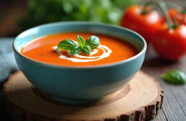 Warm tomato soup in blue bowl with basil garnish and swirl of cream. Fresh tomatoes and greens in background on rustic table. Delicious and healthy meal.