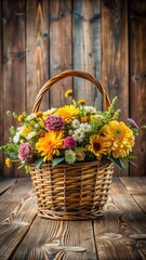Natural flowers arranged in a wooden basket on a rustic table