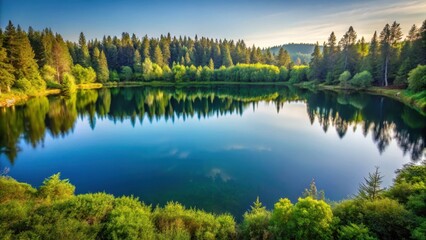 Minimalistic circular landscape with serene lake and surrounding trees in a natural setting