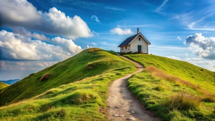 Simple hill trail with a small house at the summit using basic shapes and minimal details