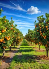 Rows of mature orange trees on a sunny day in rural Florida farmland