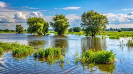 Overgrown vegetation sways in the current of a flooded field