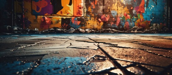 Colorful Graffiti Art on Cracked Concrete Floor in Abandoned Building.