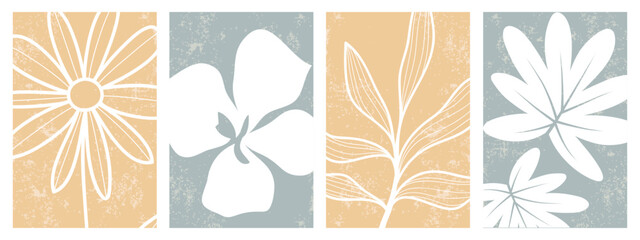 Abstract poster vector set. Waves, leaves, flowers, organic shapes, classic colors, oil paint. Illustration designs for eco-friendly packaging, interiors, covers, wall art, wallpapers, and marketplace