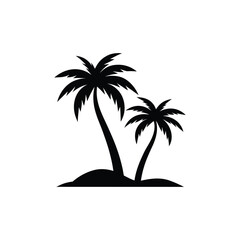 Two palm trees silhouette on a small island isolated on white background