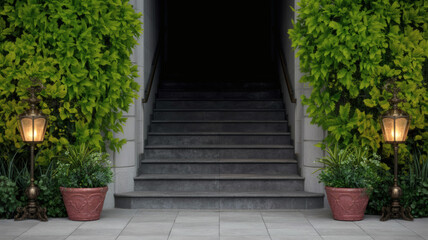 Stone staircase entrance with greenery, vintage lanterns and potted plants