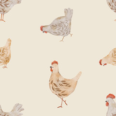 Cute watercolor hens on a soft warm background. Farm animal pattern for nursery projects and printable crafts.