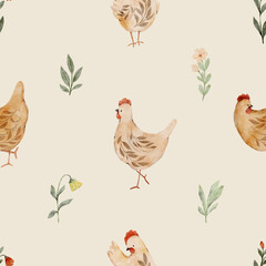 Watercolor chickens and flowers on a light cream background. Sweet seamless pattern for nursery decor and kids stationery.