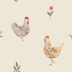 Cute watercolor chickens on a soft cream background. Farmhouse floral pattern for kids decor and crafts.