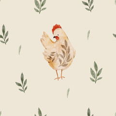 Single watercolor chicken with leaves on a warm light background. Minimal and gentle pattern for kids prints and invitations.