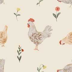 Watercolor chickens with flowers in a playful seamless layout. Sweet pattern for nursery decor and crafting projects.