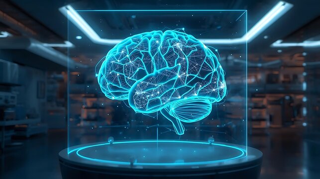 Artificial intelligence brain hologram in a modern lab setting