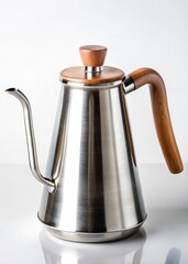 Sleek Stainless Steel Kettle with Curved Wooden Handle for Pour Over Coffee Brewing